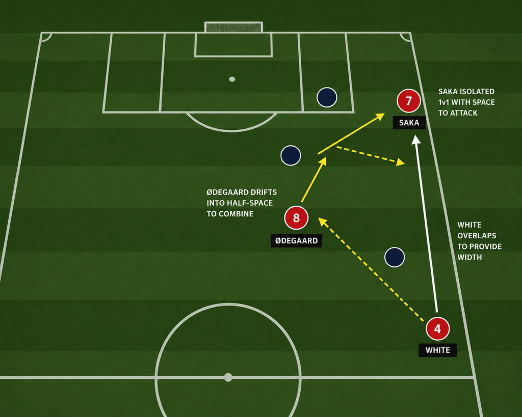 Tactical diagram of Arsenal’s right-side combinations between Saka, White and Ødegaard